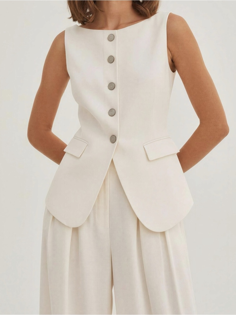 LILYSILK Sleeveless Button Up Silk Vest, Lily White, 6 (US) - Picture 2 of 10